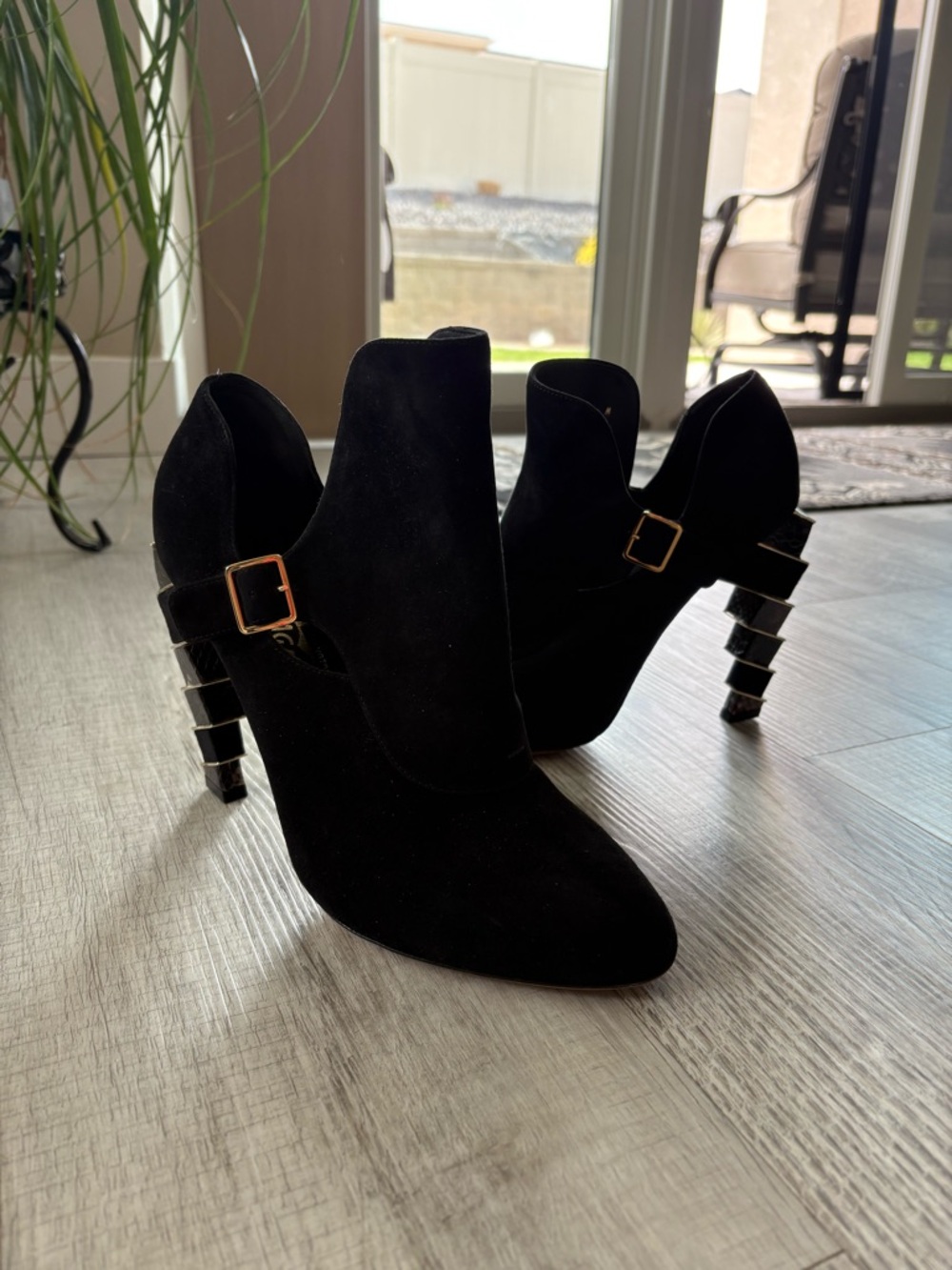 Salvatore Ferragamo Black Suede Ankle Boots with Stacked Sculptural Heel